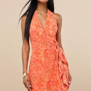 Lulus Felicita Orange Floral Halter Wrap Mini Dress - Size L